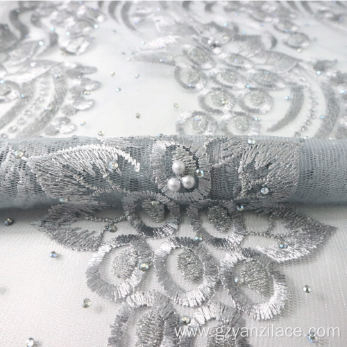 Grey Heavy Beaded Nigeria lace Fabric